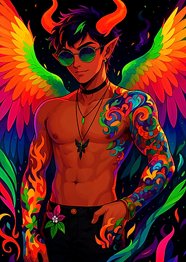Rainbow Winged Demon with Tattoos