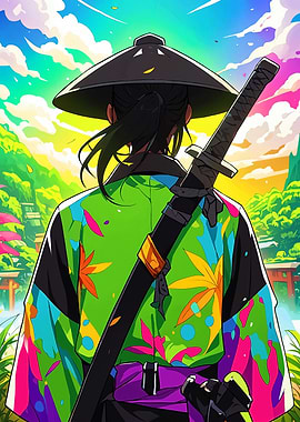 Samurai Back View with Colorful Kimono