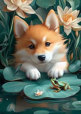 Corgi puppy with frog on lilypad