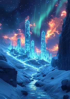 Futuristic Ice City Under Aurora Sky