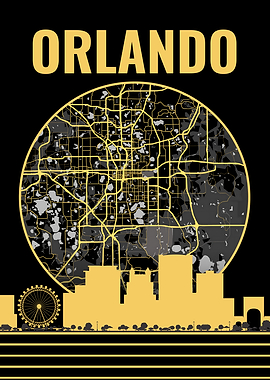 Orlando Golden City Map and Skyline Art
