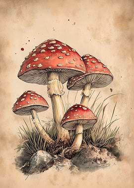 Vintage Botanical Mushroom Illustration – Fly Agaric (Amanita muscaria) Wall Art in Ink & Watercolor Style