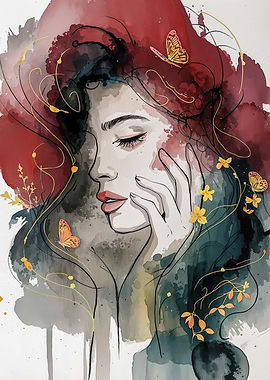 Watercolor Woman with Butterflies and Flowers