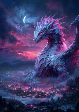 Dragon Overlooking City at Night