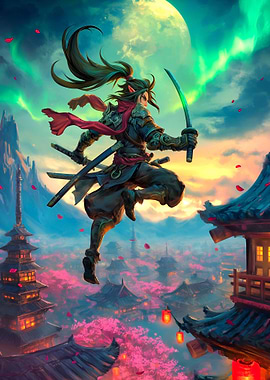 Samurai Warrior Leaping Over Japanese City