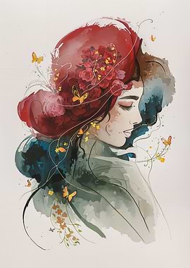 Watercolor Portrait with Flowers and Butterflies