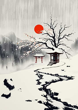 Winter Japanese Landscape with Red Sun