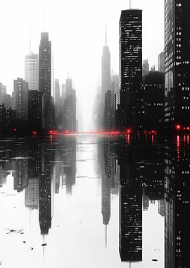 Monochrome Cityscape with Red Lights Reflection
