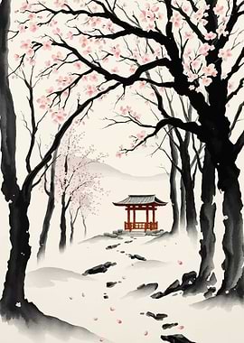 Cherry Blossoms and Japanese Pavilion Painting