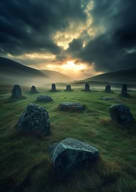 Ancient Celtic Stone Circle Landscape in Sunrise