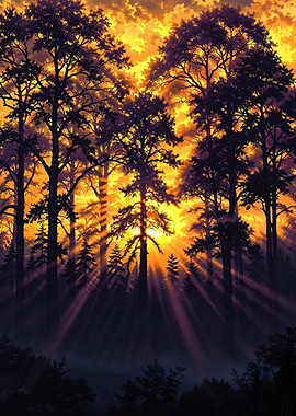 Fiery Forest Sunrise - Bold Nature Silhouette