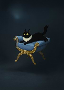 Black cat on blue chaise lounge