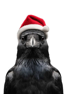 Christmas Crow Wearing Santa Hat
