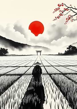 Japanese Rice Field Landscape with Samurai