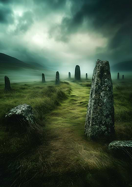 Ancient Celtic Myth Standing Stone in Misty Landscape