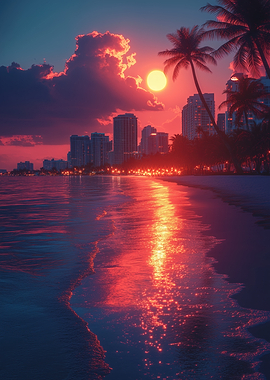 Sunset over city beach