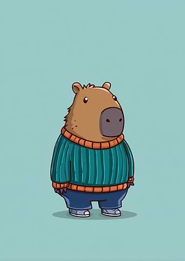 Cartoon Capybara in Sweater and Pants