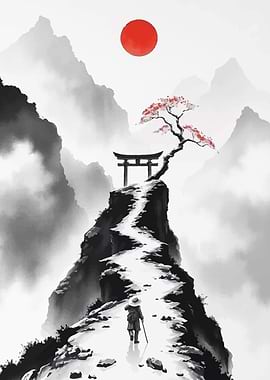 Japanese Mountain Landscape with Torii Gate