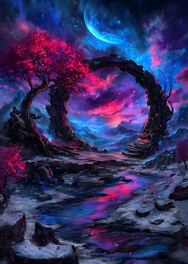 Fantasy Landscape with Stone Arch and Moon