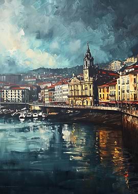 Cityscape Painting with River Reflection