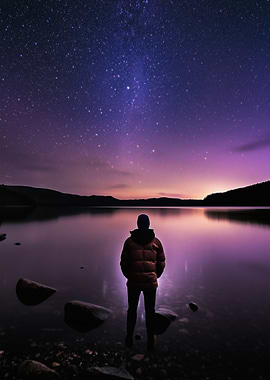 Man Gazing at Stunning Starry Night in Nordic Fjord