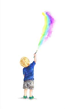 Child painting rainbow with brush