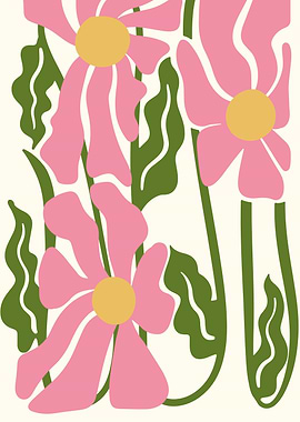Pink Flowers and Green Leaves Art