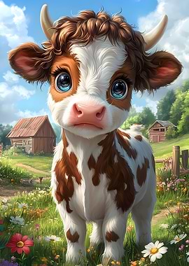 Cute Cartoon Cow in Meadow