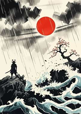 Samurai in Rain with Rising Sun