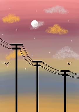 Sunset with Power Lines and Birds