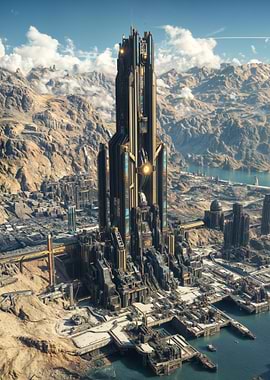 Futuristic Cityscape with Towering Structure