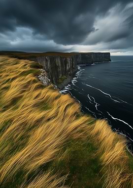 Wild Scottish Coastal Cliffs with Golden Grass by Sea
