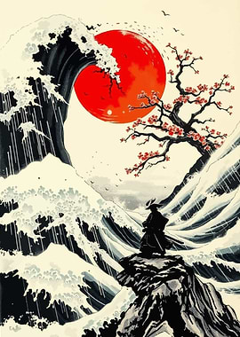Samurai, Waves, and Red Moon Art