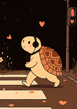 Turtle with Headphones Crossing Street