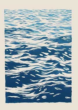 Blue Water Surface Linocut Print