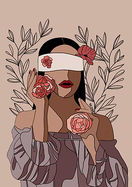 Blindfolded Woman with Roses Illustration
