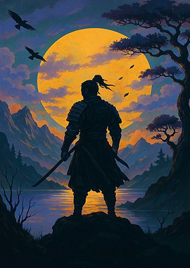 Samurai Silhouette Under a Full Moon