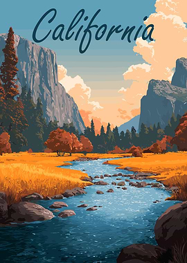 California Landscape with River and Mountains