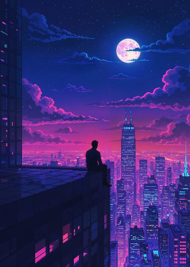 City Dreamscape - Boy on Rooftop under Moonlit Sky