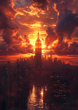 Fiery New York City Skyline