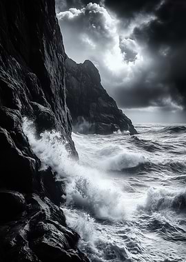 Monochrome Cliffside Ocean Waves