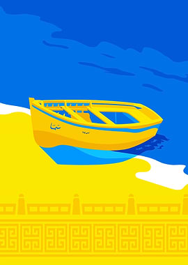 Yellow Boat on Beach Vector Art