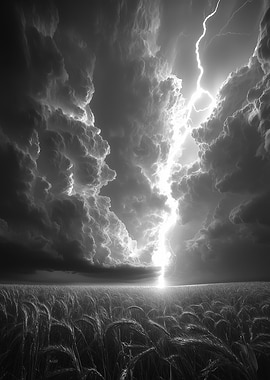 Monochrome Lightning Storm Over Field