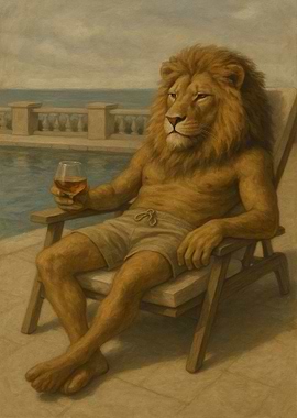 Lion Lounging by Pool with Drink