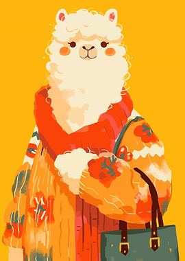 Stylish Alpaca with Bag Cute Fashion Minimalist Art Illustration