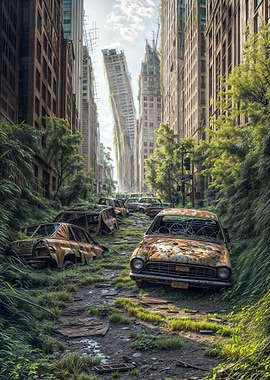 Post-Apocalyptic Cityscape with Overgrown Cars