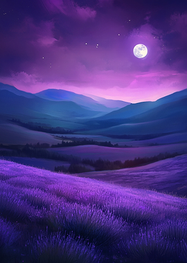 Lavender Field in Provence Under Moonlight