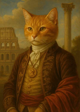 Renaissance Cat Portrait with Roman Ruins - Ginger Cat Noble