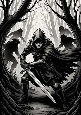 Hooded Warrior in Dark Forest
