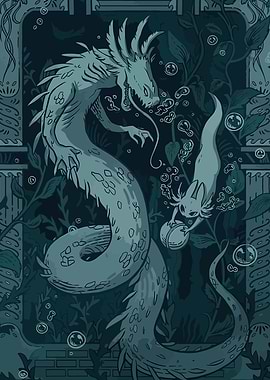 Aquatic Dragon and Axolotl Illustration